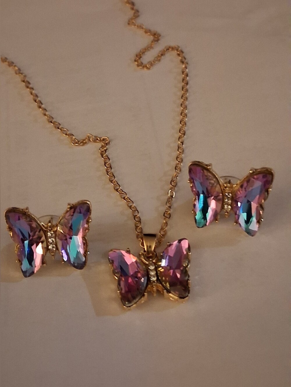 BUTTERFLY MYSTIC TOPAZ PURPLE/BLUE NECKLACE/EARRING SET GOLD/STERLING